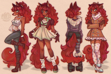 anthro boots bottomwear breasts clothed clothing coat dress fashion female fluffy fluffy_tail footwear gem green_eyes hair high_heeled_boots high_heels jewelry leggings legwear looking_at_viewer looking_away multiple_outfits necklace pearl_(gem) pearl_necklace shoes shorts simple_background skirt solo standing tail topwear wavy_hair moggyexe canid canine fox mammal red_fox true_fox 2025 hi_res multiple_images