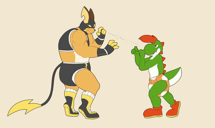 ageplay anthro black_boots black_clothing black_diaper black_footwear black_gloves black_handwear black_mask black_nose black_topwear boots clothed clothing diaper duo fighting_pose footwear gloves green_body hair handwear infantilism male mask mouth_closed muscular muscular_anthro muscular_male narrowed_eyes orange_body orange_diaper overweight overweight_anthro overweight_male pose red_clothing red_footwear red_hair red_shoes roleplay shoes side_view standing topwear wearing_diaper wearing_mask white_body white_diaper yellow_boots yellow_clothing yellow_footwear hardscales mario_bros mythology nintendo paper_mario paper_mario:_the_thousand_year_door pokemon dinosaur dragon generation_1_pokemon green_yoshi mythological_creature mythological_scalie pokemon_(species) prehistoric_species raichu reptile scalie yoshi hi_res