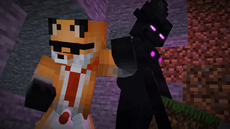 animal_genitalia balls black_body black_skin breasts cave covering covering_face duo eyewear female fox_ears fox_tail fur genitals glowing glowing_eyes glowing_nipples half-erect hiding larger_female male male/female monster_girl_(genre) nipples orange_body orange_fur penis purple_eyes purple_light sheath size_difference smaller_male sunglasses taller_girl boxedo microsoft minecraft mojang xbox_game_studios canid canine enderman enderwoman fox humanoid mammal unknown_species 16:9 3d_(artwork) digital_media_(artwork) hi_res mine-imator_(artwork) widescreen