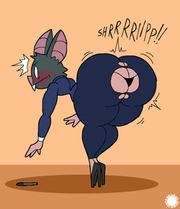 anthro bar_emanata bent_over big_butt blush bottomwear bubble_butt butt cheek_tuft clothing curvy_figure emanata eyelashes facial_tuft fangs femboy flash_emanata footwear fur grey_body grey_fur head_tuft high_heels inner_ear_fluff jacket logo male onomatopoeia pants rear_view shoes small_waist solo sound_effects teeth text thick_thighs thong topwear torn_bottomwear torn_clothing torn_pants tuft underwear wardrobe_malfunction wasp_waist thatdawgmurray dispatch sonar_(dispatch) bat human hybrid mammal aliasing artist_logo artist_name digital_media_(artwork) hi_res signature