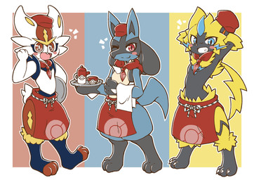 abstract_background anthro apron beverage blush blush_stickers clothing container cup group holding_object holding_plate kerchief looking_at_viewer maid_uniform male neckerchief neckwear one_eye_closed paper_towel plate pokeball pokeball_apron pokeball_clothing pokeball_cup pokeball_kerchief pokeball_neckerchief pokeball_neckwear pokeball_symbol pokeball_tea_cup pokeball_teapot simple_background smile tea tea_cup teapot trio uniform wink winking_at_viewer acky05 nintendo pokemon pokemon_cafe_remix cinderace generation_4_pokemon generation_7_pokemon generation_8_pokemon legendary_pokemon lucario pokemon_(species) zeraora hi_res