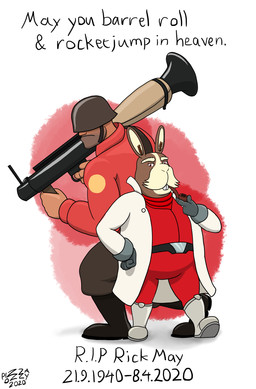 actor_allusion anthro armor boots brown_body brown_fur clothing duo footwear fur gloves handwear headgear helmet male ranged_weapon red_clothing red_eyes red_topwear rocket_launcher shoes simple_background standing text topwear weapon white_background pizzaozzy nintendo star_fox team_fortress_2 valve valve_corporation peppy_hare soldier_(team_fortress_2) hare human lagomorph leporid mammal rabbit 2020 english_text hi_res