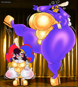 alternative_fashion anthro big_breasts breasts clothing clown clown_makeup dancer_outfit doll duo female flapper group huge_breasts hyper hyper_breasts jester lips looking_down male mind_control one_piece_suit size_difference suit surprised teeth thick_thighs tooth_gap justanslug glitch_productions the_amazing_digital_circus jax_(tadc) pomni_(tadc) humanoid lagomorph leporid mammal rabbit absurd_res hi_res huge_filesize