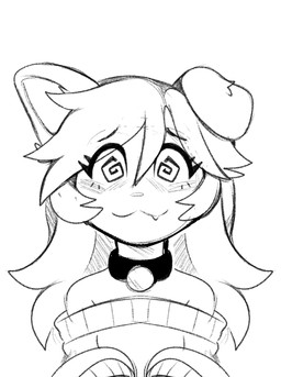 animated_sketch anthro black_collar black_eyebrows blush blush_lines cat_smile closed_smile clothing collar collar_tag cute_fangs eyebrows eyelashes fangs female floppy_ears fur hair looking_at_viewer mouth_closed oversized_clothing oversized_sweater oversized_topwear simple_background smile solo spiral spiral_eyes sweater teeth topwear white_background feve canid canine canis domestic_dog mammal 2026 animated headshot_portrait hi_res icon monochrome portrait sketch