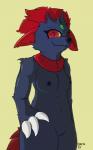 anthro anthrofied blue_body blue_fur blue_nipples blue_nose claws female fur genitals hair hand_on_hip nipples orb pokemorph pussy red_ears red_eyes red_hair solo kawfee nintendo pokemon generation_4_pokemon pokemon_(species) weavile 5:8 cel_shading digital_media_(artwork) hi_res shaded