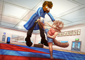 anthro attack ballbusting boots brown_body brown_fur clothing cock_and_ball_torture crotch_attack crotch_kick duo female fight footwear fur genital_torture gym humor kick pain shoes text wide_eyed goomuin_(artist) goomuin domestic_cat equid equine felid feline felis horse mammal 2018 hi_res japanese_text