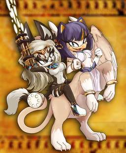 3_toes 5_fingers accessory amber_eyes ankh anthro black_body black_tail blue_eyes blue_hair blurred_background bottomwear breasts clothing dipstick_tail featureless_breasts feet female fingers footwear furgonomics gatling_gun gun gun_arm hair hair_accessory high_heels jewelry legband loincloth long_ears machine_gun markings minigun multicolored_body on_hind_legs open_mouth pointy_ears ranged_weapon riding_on_back ring shoes shooting_gun sitting sitting_on_another tail tail_accessory tail_gun tail_jewelry tail_markings tail_ring tan_body tan_tail toes two_tone_body weapon weapon_arm weapon_tail white_body white_hair white_tail_tip wristband neostricker mythology sega sonic_the_hedgehog_(series) araoh_the_jackal ayiki_(bonjolasermaster) avian avian_taur canid canine canis gryphon gryphon_taur jackal mammal mythological_avian mythological_creature taur absurd_res hi_res