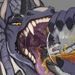 anthro beverage black_horn blue_body bodily_fluids detailed_mouth dreadlocks duo eyelashes fangs female front_view fur grey_body grey_fur horn imminent_oral_vore imminent_vore male micro mouth_shot narrowed_eyes nude open_mouth oral_vore orange_eyes pupils purple_tongue saliva saliva_on_tongue saliva_string simple_background slit_pupils teeth tongue tongue_out unsigned uvula vore acidic mythology rezno canid dragon equid equine mammal mythological_creature mythological_equine mythological_scalie scalie sergal unicorn 1:1