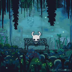ambiguous_gender anthro bench cloak cloak_only clothing detailed_background empty_eyes foreground_silhouette front_view horn looking_at_viewer mask paper pillar plant reading rock sidewalk sitting solo water al_santos hollow_knight_(franchise) team_cherry the_knight_(hollow_knight) arthropod vessel_(species) 1:1 animated digital_media_(artwork) no_sound pixel_(artwork) pixel_animation short_playtime video
