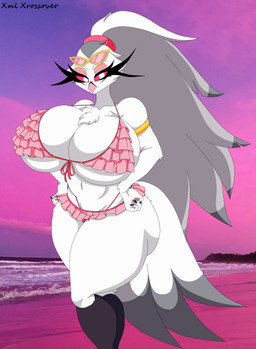 anthro armlet beach beak big_breasts bikini breasts butt chest_tuft clothing curvy_figure eyelashes eyewear female frown fur hair long_eyelashes long_hair looking_at_viewer mature_female pink_eyes ponytail solo standing sunglasses swimwear thick_thighs thong_straps tied_hair tuft two-piece_swimsuit voluptuous white_body white_face white_fur white_hair xml_xrossover_(artist) hellaverse helluva_boss stella_(helluva_boss) anatid anseriform anserine avian avian_demon bird demon swan absurd_res hi_res
