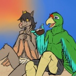 anthro beak blue_eyes clothing coconut drupe_(fruit) duo feathered_wings feathers female food fruit fur hair male open_mouth plant smile swimwear wings yellow_eyes queenkami avian bat bird mammal parrot 1:1 2014 sketch