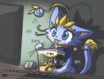 2024 blue_eyes chopsticks digital_media_(artwork) domestic_cat eating felid feline felis female feral food gaming happy hi_res holding_chopsticks holding_object league_of_legends mammal noodles ramen riot_games solo tencent yuumi_(lol) yuumisocute