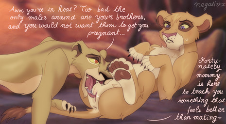 animal_genitalia animal_vulva anus bite biting_lip blush bodily_fluids claws cunnilingus duo feet feline_genitalia feline_vulva female female/female feral fur genitals oral pawpads saliva sex soles sweat tail tan_body tan_fur text tongue vaginal vulva yellow_sclera negativx disney the_lion_king vitani_(the_lion_king) zira_(the_lion_king) felid lion mammal pantherine english_text daughter_(lore) incest_(lore) mother_(lore) mother_and_child_(lore) mother_and_daughter_(lore) parent_(lore) parent_and_child_(lore) parent_and_daughter_(lore)