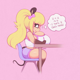 accessory anthro big_breasts biped blonde_hair bottomwear bow_(feature) bow_accessory bow_ribbon breast_rest breasts bulging_breasts chair clothed clothed_anthro clothed_female clothing female female_anthro furniture hair hair_accessory hair_bow hair_ribbon huge_breasts loli oppai_loli pigtails ribbons school shirt shorts side_boob simple_background sitting solo tank_top text thick_thighs thought_bubble topwear writing_text young smokyjai tiffy_cheesecake mammal mouse murid murine rodent 1:1 2017 digital_media_(artwork) english_text meme
