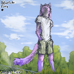 anthro bottomwear clothing femboy fence fur grass hair male outside pattern_clothing pink_body pink_fur pink_hair plant purple_body purple_fur shirt shorts sky solo striped_clothing stripes t-shirt topwear tree starlithe canid canine fox mammal 1:1 colored sketch