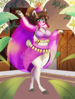 anthro big_breasts breasts brown_hair female hair harem_outfit hoof_hands hooves inside looking_at_viewer plant ponytail smile solo standing tail thick_thighs wide_hips la-frugele koopsloops deer mammal 2021 digital_media_(artwork) hi_res