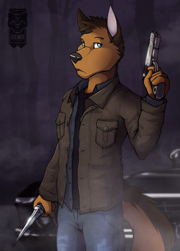 alternate_species anthro bad_trigger_discipline black_clothing black_nose black_shirt black_t-shirt black_topwear blue_eyes bottomwear brown_body brown_fur brown_hair car clothed clothed_male clothing collared_shirt denim denim_bottomwear denim_clothing detailed_background fluffy fluffy_tail fully_clothed fully_clothed_male fur gun hair holding_gun holding_knife holding_object holding_ranged_weapon holding_weapon jacket jeans knife looking_aside male night pants plant ranged_weapon shirt short_hair solo standing t-shirt tail text three-quarter_view topwear tree vehicle weapon d3mo dean_winchester canid canine canis mammal wolf 2016 artist_name cel_shading dated hi_res portrait shaded signature three-quarter_portrait