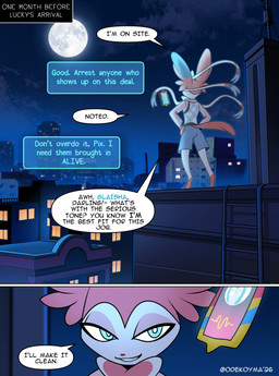 anthro anthrofied barefoot biped black_text black_text_box blue_body blue_bottomwear blue_clothing blue_ears blue_eyes blue_fur blue_shorts blue_sweater blue_sweater_vest blue_text blue_text_box blue_topwear blue_vest bottomwear bow_(anatomy) building cellphone city city_background clothed clothed_anthro clothed_male clothing cloud collared_shirt detailed_background dialogue digitigrade electronics feet fur hands_on_hips ladder leg_markings long_sleeve_shirt looking_at_object looking_at_phone male markings moon night outside phone phone_call pink_body pink_clothing pink_ears pink_feet pink_fur pink_hands pink_shirt pink_tail pink_topwear pokemorph pupils red_nose ribbons_(anatomy) rooftop shirt shorts sky smartphone socks_(marking) solo speech_bubble standing star starry_sky sweater sweater_vest tail talking_to_another text text_box topwear vest white_body white_fur white_pupils white_sclera white_speech_bubble white_text odeko-yma nintendo pokemon pokemon_mystery_dungeon spike_chunsoft glaisha_(odeko-yma) pix_(odeko-yma) eeveelution generation_4_pokemon generation_6_pokemon glaceon pokemon_(species) rotom rotom_phone sylveon 2026 absurd_res artist_name comic digital_media_(artwork) english_text hi_res