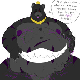 abdominal_bulge anthro anthro_pred belly belly_mouth big_belly black_body black_fur black_sclera bow_tie clothing dialogue fur hand_on_belly hat headgear headwear huge_belly male male_pred moobs nipples overweight overweight_male red_eyes rumbling_stomach same_size_vore smile striped_body striped_fur stripes struggling struggling_prey text top_hat vore rockaus15 five_nights_at_freddy's five_nights_at_freddy's_4 scottgames nightmare_(fnaf) bear mammal 1:1 english_text hi_res
