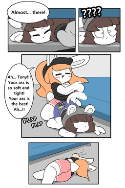 all_fours anthro beanie bed black_clothing black_hat black_headwear black_shirt black_topwear blue_bottomwear blue_clothing blue_shorts blush bottomwear breasts brown_hair butt butt_slap cleavage clothed clothing dialogue dry_humping duo eyelashes female female_humping furniture grey_beanie grey_clothing grey_hat grey_headwear hair hat head_bump headgear headwear lying male male/female on_side orange_hair pink_bottomwear pink_clothing pink_shorts ponytail reaching shirt short_tail shorts slap speech_bubble tail text topwear tonytoran tina_(tonytoran) tony_(tonytoran) chinchilla chinchillid lagomorph leporid mammal rabbit rodent absurd_res comic english_text hi_res