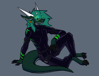 anthro bdsm bodysuit bondage bondage_gear bound bulge clothing eyewear fur glasses gold_(metal) gold_jewelry green_body green_eyes green_fur green_hair hair horn jewelry latex latex_clothing latex_skinsuit looking_at_viewer male markings relaxing simple_background skinsuit solo tail tight_clothing wearing_glasses tqualizer mythology tqualizer_(character) dragon mythological_creature mythological_scalie scalie hi_res
