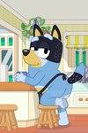 anthro apron clothing furniture half-closed_eyes kitchen looking_at_viewer looking_back male narrowed_eyes raised_leg smile stool dm29 bluey_(series) bandit_heeler australian_cattle_dog canid canine canis cattledog domestic_dog herding_dog mammal pastoral_dog 2:3 watermark