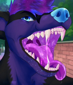 black_body black_fur blue_eyes blue_nose bodily_fluids close-up cosmic_hair drooling ethereal_hair fangs fur glowing glowing_mouth glowing_nose mouth_shot multicolored_body open_mouth oral_vore purple_body purple_fur purple_mouth saliva simple_background smug smug_expression sparkles teeth tongue two_tone_body uvula vore vore_tease surylimon kitsunaki canid canine fox mammal 2022 headshot_portrait hi_res portrait shaded
