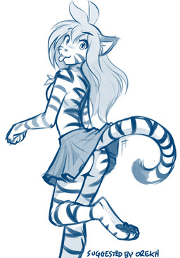 4_toes antenna_hair anthro arm_tuft biped bottomwear breasts butt chest_tuft claws clothed clothed_anthro clothed_female clothing clothing_lift dipstick_tail elbow_tuft feet female fingers fur hair looking_at_viewer looking_back looking_back_at_viewer markings on_one_leg partially_clothed partially_clothed_anthro partially_clothed_female pawpads paws rear_view side_boob simple_background skirt skirt_lift skirt_only small_breasts smile solo standing striped_body striped_fur striped_markings striped_tail stripes tail tail_markings toe_claws toes tongue tongue_out topless topless_anthro topless_female tuft conditional_dnp tom_fischbach twokinds flora_(twokinds) keidran 2025 blue_and_white digital_drawing_(artwork) digital_media_(artwork) hi_res monochrome sketch