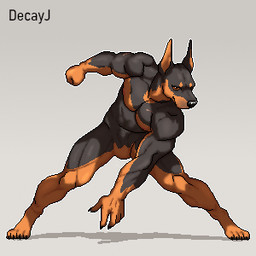 action_pose anthro claws featureless_crotch looking_at_viewer male muscular nude pose solo decayj canid canine canis dobermann domestic_dog mammal pinscher 1:1 low_res
