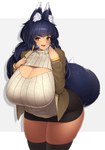 2_tails 5_fingers accessory big_breasts biped black_bottomwear black_clothing black_legwear black_skirt black_thigh_highs blue_body blue_ears blue_fur blue_hair blue_inner_ear blue_tail bottomwear bracelet breasts brown_clothing brown_jacket brown_topwear cleavage_cutout clothed clothing curvy_figure cute_fangs cutout dipstick_ears dipstick_tail ear_markings eyelashes fangs female fingers fluffy fluffy_ears fluffy_tail front_view fully_clothed fur glistening glistening_hair gold_(metal) gold_jewelry green_eyes hair hair_accessory huge_breasts humanoid_hands inner_ear_fluff jacket jewelry leaning leaning_forward legwear light_body light_skin long_hair looking_at_viewer markings monotone_hair multi_tail multicolored_body multicolored_ears multicolored_fur multicolored_tail open_clothing open_jacket open_mouth open_smile open_topwear pupils ribbed_clothing ribbed_sweater simple_background skirt smile solo standing sweater tail tail_markings teeth thick_thighs thigh_highs three-quarter_view topwear tuft two_tone_body two_tone_ears two_tone_fur two_tone_tail voluptuous white_background white_clothing white_ears white_inner_ear_fluff white_pupils white_sweater white_tail white_tail_tip white_topwear wide_hips 16.6_(artist) animal_humanoid canid canid_humanoid canine canine_humanoid fox_humanoid humanoid mammal mammal_humanoid absurd_res colored digital_media_(artwork) hi_res portrait shaded three-quarter_portrait