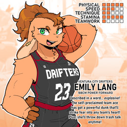 anthro ball basketball_(ball) black_text bottomwear breasts brown_eyebrows brown_hair circle_eyebrows clothed clothed_anthro clothed_female clothing eyebrows female female_anthro fingers floppy_ears front_view fur green_eyes grey_bottomwear grey_clothing grey_shirt grey_shorts grey_topwear hair hand_on_hip jersey lop_ears muscular muscular_anthro muscular_female number number_on_jersey number_on_topwear ponytail shirt shorts sleeveless_shirt solo tail tan_body tan_ears tan_fur tan_inner_ear text text_on_clothing text_on_jersey text_on_topwear topwear white_sclera conditional_dnp sonokido ventura_city_drifters emily_lang lagomorph leporid mammal rabbit 2025 digital_media_(artwork) english_text hi_res orange_theme portrait