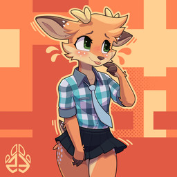 abstract_background accessory anthro antlers black_bottomwear black_clothing black_skirt blep blush blush_lines bottomwear cartoon_freckles clothing eyelashes facial_tuft female freckled_ears freckled_face freckles fur green_eyes horn long_eyelashes markings motion_lines necktie orange_body orange_fur plaid skirt solo spot_freckles spots spotted_ears spotted_face spotted_hips spotted_markings spotted_tail tail tail_markings thick_thighs tongue tongue_out tuft newt_trz maple_(jayrnski) deer mammal 1:1 hi_res nonbinary_(lore)