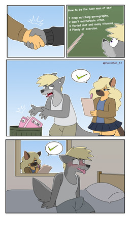 anthro bedroom bottomwear clothed clothing duo erection female male miniskirt orgasm_denial pen pent_up pillow skirt text pencil_bolt julia_clariken_(pencil_bolt) canid canine canis domestic_dog german_shepherd herding_dog mammal pastoral_dog wolf absurd_res comic english_text hi_res