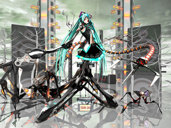 1_eye 4_legs 8_eyes ambiguous_feral ambiguous_gender belt blade_arm blue_hair blue_necktie bone bottomwear claws clothing cosplay electronics female female_humanoid feral glowing glowing_eyes green_sky group hair headphones long_hair looking_at_viewer machine mechanical_arm mechanical_leg multi_eye multi_limb navel necktie outside plant pleated_skirt red_eyes reflective_floor segmented_tail skirt skull skull_head sky speaker text tree trio twintails_(hairstyle) deino_(artist) deino_(modeler) vocaloid calne_ca hatsune_miku magnesium_(deino) rubidium_(deino) ambient_arthropod ambient_butterfly ambient_insect arthropod humanoid robot robot_feral robot_humanoid waddling_head 2013 3d_(artwork) 4:3 autodesk_3ds_max_(artwork) digital_media_(artwork) english_text full-length_portrait portrait