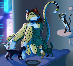 anthro bowl clothing container ear_piercing ear_ring female group lingerie piercing raining ring_piercing saiyonara10 aisha cheetah domestic_cat felid feline felis mammal hi_res