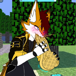 anthro blush bodily_fluids clothing cum fellatio food fur genital_fluids male oral orange_body orange_fur outside penile plant sex solo syrup tree unusual_bodily_fluids unusual_cum unusual_genital_fluids waffle triggerz cockwaffle microsoft minecraft mojang xbox_game_studios durrvish novabeast meme