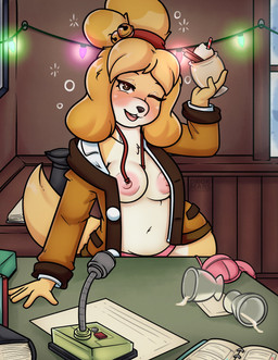 anthro areola blonde_hair breasts brown_eyes christmas_decorations christmas_lights clothed clothing drunk female food fur hair holding_food holding_object inside looking_at_viewer loose_shirt nipples one_eye_closed partially_clothed solo substance_intoxication wink yellow_body yellow_fur drokmars animal_crossing nintendo isabelle_(animal_crossing) canid canine canis domestic_dog mammal shih_tzu toy_dog hi_res