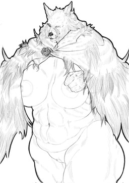 anthro areola big_areola big_breasts breasts cloak cloak_only clothing crossgender curvy_figure facial_scar fangs female freckles hair jewelry looking_at_viewer mostly_nude mtf_crossgender musclegut muscular muscular_anthro muscular_female muscular_thighs navel nipples one_eye_closed pendant scar solo standing teeth thick_thighs voluptuous wide_hips obleacream elden_ring fromsoftware blaidd_(elden_ring) canid canine canis mammal wolf 2022 digital_media_(artwork) hi_res monochrome