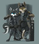 anthro armor black_body black_clothing black_fur black_hat black_headwear black_sclera blue_eyes brown_body brown_fur camo camo_armor camo_print cheek_tuft claws clothing digitigrade dipstick_ears duo ear_markings eyewear eyewear_on_head face_shield facial_tuft fangs finger_claws fingerless_gloves fluffy fluffy_tail fur gloves grey_background gun handgun handwear hat headgear headwear helmet inner_ear_fluff kemono looking_at_viewer male mask multicolored_ears open_mouth pupils ranged_weapon rifle simple_background slit_pupils standing sunglasses sunglasses_on_head tail teeth text tongue tuft weapon white_body white_fur yellow_eyes kluclew canid canine canis fox mammal wolf 2021 absurd_res digital_media_(artwork) english_text hi_res korean_text shaded