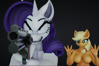 1_horn 4_fingers angry anthro anthrofied big_breasts black_background blonde_hair blue_eyes blue_eyeshadow blue_hair breasts dark_eyelids duo eyelashes eyeshadow featureless_breasts female fingers green_eyes gun hair holding_gun holding_object holding_ranged_weapon holding_weapon horn long_hair makeup nose_wrinkle orange_body pointing_gun ranged_weapon simple_background weapon white_body geodat friendship_is_magic hasbro my_little_pony mythology applejack_(mlp) rarity_(mlp) earth_pony equid equine horse mammal mythological_creature mythological_equine pony unicorn 2025 3d_(artwork) digital_media_(artwork)