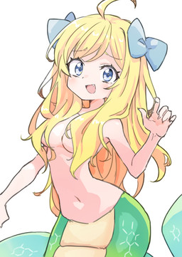 accessory apode bare_shoulders blonde_hair blue_eyes blue_ribbon breasts clothed clothing covered_nipples female green_body green_scales hair hair_accessory hair_ribbon legless long_hair looking_at_viewer navel open_mouth raised_arm ribbons scales serpentine simple_background small_breasts solo split_form topless topless_female white_background dai_gazacy dropkick_on_my_devil! jashin-chan draconcopode humanoid lamia reptile scalie snake hi_res