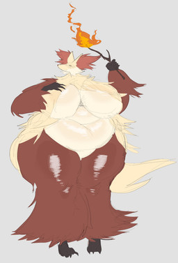 anthro belly big_breasts breasts female fire huge_breasts looking_at_viewer multicolored_body overweight solo wide_hips kunart nintendo pokemon delphox generation_6_pokemon pokemon_(species) absurd_res hi_res