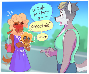 5_fingers anthro beverage black_eyebrows black_eyes black_nose black_text blurred_background blush blush_lines border bottomwear brown_body brown_fur cheek_tuft clothed clothing container crossdressing crossdressing_male cup detailed_background dialogue dress duo eyebrows eyelashes eyes_closed facial_tuft femboy fingers fur gesture green_clothing green_shirt green_tank_top green_topwear grey_body grey_fur grey_hair hair hand_gesture heart_after_text heart_symbol holding_beverage holding_container holding_cup holding_object holding_plushie holding_smoothie looking_at_another male multicolored_hair muscular muscular_anthro muscular_male open_mouth open_smile outside pants plant plushie pointing pointing_at_object purple_clothing purple_dress real shirt sky smile smoothie standing tail tail_motion tailwag tan_hair tank_top text topwear tree tuft white_border heresvix dani_(heresvix) henri_(heresvix) bovid canid canine canis caprine mammal sheep wolf 2025 comic english_text hi_res one_panel_comic