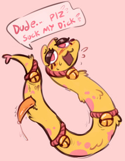 animal_genitalia aroused bedroom_eyes bell bell_collar blush bodily_fluids collar eyelashes feral fluffy genital_fluids genital_slit genitals heart_symbol lying male narrowed_eyes penis precum seductive slit_penis solo speech_bubble sweat tail_anus bean0tastic bean0worm_(bean0tastic) worm absurd_res hi_res tagme