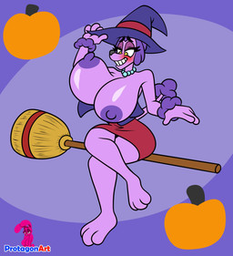 anthro big_breasts blush bouncing_breasts breasts broom cleaning_tool clothing erect_nipples female food fruit fur gem hair holidays huge_breasts jewelry logo magic_user necklace nipples pearl_(gem) pearl_necklace plant pumpkin purple_body purple_fur purple_hair small_waist solo wardrobe_malfunction wide_hips witch yellow_eyes protagon halloween sheepish_(series) bun_(protagon) penelope_de_caniche canid canine canis domestic_dog lagomorph leporid mammal poodle rabbit 2025 artist_logo digital_media_(artwork) hi_res