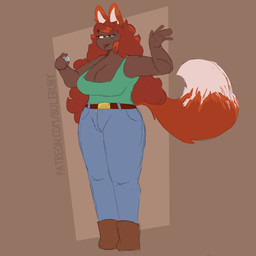 4_fingers arms_bent bangs belt_buckle big_breasts blue_bottomwear blue_clothing blue_pants blush blush_lines bodily_fluids boots bottomwear breasts brown_background brown_boots brown_clothing brown_eyes brown_footwear brown_tongue buckle button_(fastener) cleavage clothed clothed_female clothed_humanoid clothing coin dipstick_tail eyelashes female fingers fluffy fluffy_tail footwear fully_clothed fully_clothed_female fully_clothed_humanoid green_clothing green_shirt green_tank_top green_topwear hair holding_coin holding_object long_hair long_tail looking_at_viewer markings no_pupils orange_hair orange_tail pants pockets saliva saliva_on_tongue shirt shoes simple_background smile smiling_at_viewer solo standing straight_legs tail tail_markings tank_top text thick_thighs thin_eyebrows tongue tongue_out topwear two_tone_tail wavy_hair white_inner_ear white_tail_tip buleruby terraria zoologist_(terraria) animal_humanoid canid canid_humanoid canine canine_humanoid fox_humanoid humanoid mammal mammal_humanoid tailed_humanoid werecanid werecanine werecreature werefox 1:1 2025 absurd_res colored colored_sketch digital_drawing_(artwork) digital_media_(artwork) english_description hi_res sketch url