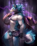 anthro blue_body blue_fur bottomwear bulge clothing collar fingerless_gloves fur gloves handwear male nipples pose shorts solo standing white_body white_fur cheetahpaws brand_new_animal studio_trigger shirou_ogami canid canine canis mammal wolf hi_res