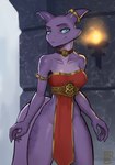 anthro bare_shoulders belt blue_eyes choker clothed clothing exposed_hips female horn horn_jewelry jewelry necklace purple_body purple_scales scales skimpy smile solo tabard ethrk kobold scalie absurd_res hi_res