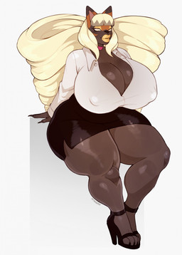 anthro bangs big_breasts big_butt bimbo_anthro blonde_hair bottomwear breasts butt choker cleavage clothed clothing dark_body female footwear hair high_heels huge_breasts huge_hair huge_thighs hypnotic_eyes jewelry lips looking_at_viewer makeup necklace office_clothing office_lady shoes skirt solo thick_lips thick_thighs petroverr nintendo pokemon kaipo_(sparkwelkin) canid dusk_lycanroc generation_7_pokemon lycanroc mammal pokemon_(species) hi_res