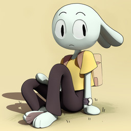3_toes backpack barefoot black_bottomwear black_clothing black_eyes black_pants bottomwear clock clothed clothing ears_down feet female frown pants pivoted_ears shirt simple_background sitting solo t-shirt toes topwear watch yellow_clothing yellow_shirt yellow_t-shirt yellow_topwear adventure_time cartoon_network y5_(adventure_time) lagomorph leporid mammal rabbit 1:1 3d_(artwork) absurd_res digital_media_(artwork) hi_res